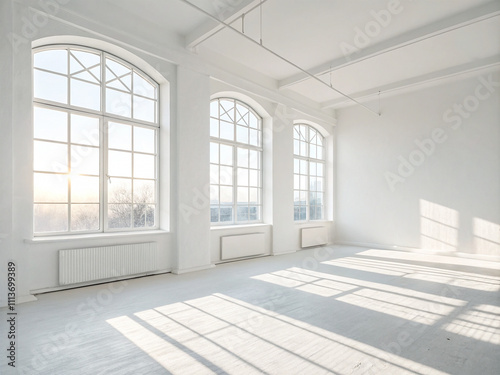 Wallpaper Mural A minimalist white empty room, natural light streaming through windows, and modern home decor. Torontodigital.ca