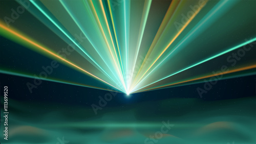 Laser light show. Bright led laser beams, dj light party. Cyan illuminated stage, yellow gold led strobe lights, smoke. Background, backdrop for displaying products. Vector illustration