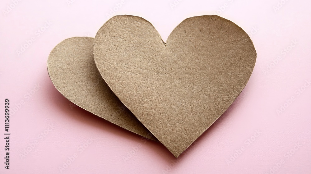 A heart cut out from brown craft paper, positioned on a soft pastel pink background. A heart cut out from brown craft paper, positioned on a soft pastel pink background.