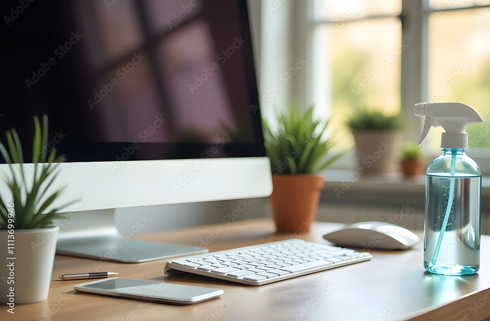 disinfectant on the desktop near the keyboard and screen. For cleaning disinfectant on the desktop near the keyboard and screen. For cleaning