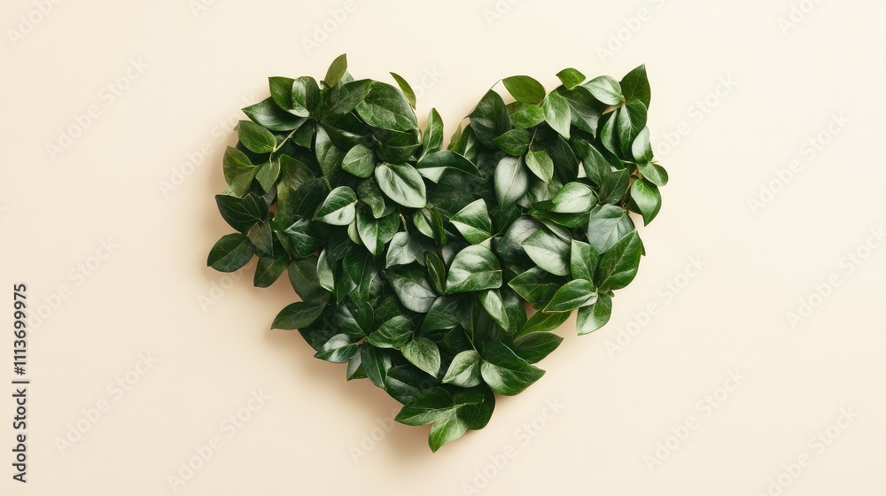 A heart shape formed with natural green leaves, displayed on a pale beige background. A heart shape formed with natural green leaves, displayed on a pale beige background.