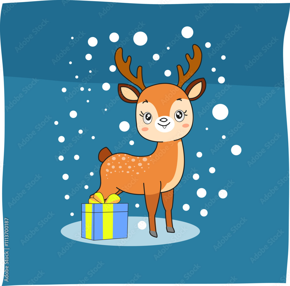 Cute Santa reindeer with gifts, isolated on a plain background with snow Cute Santa reindeer with gifts, isolated on a plain background with snow