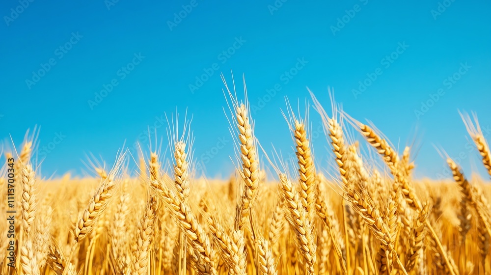 Golden wheat stalks stand tall against a bright blue sky. Golden wheat stalks stand tall against a bright blue sky.