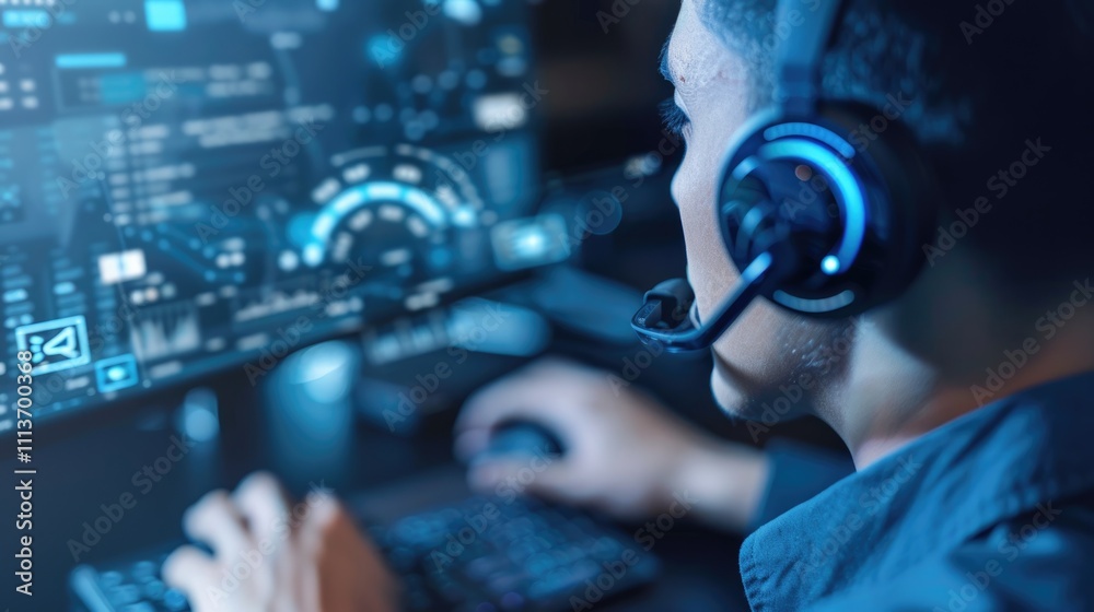 Man using VOIP headset with digital devices for communication. Man using VOIP headset with digital devices for communication.