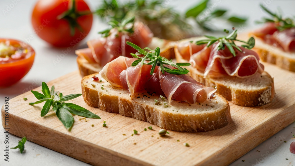 Small bruschettas, on a wooden board, slices of crispy baguette, prosciutto and sprigs of rosemary. A dish for an appetizer or an aperitif. Light background. Small bruschettas, on a wooden board, slices of crispy baguette, prosciutto and sprigs of rosemary. A dish for an appetizer or an aperitif. Light background.