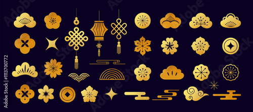 Gold Chinese, Asian abstract colorful elements, flowers, lucky coins, Chinese lanterns, background for Chinese New Year, Mid-Autumn Festival and other Chinese holidays. Vector design and illustration
