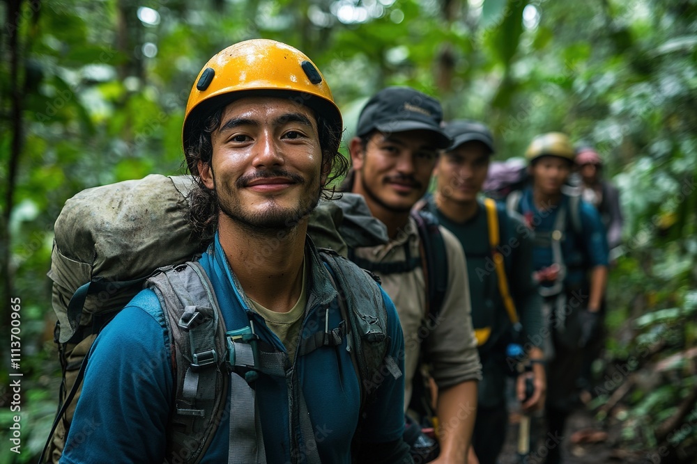 Smiling hiker with helmet leads group in forest Smiling hiker with helmet leads group in forest