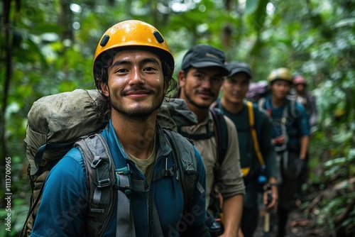 Smiling hiker with helmet leads group in forest