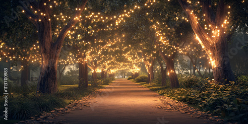 Pathway Lined with Trees and Hanging Lights in Evening Glow


