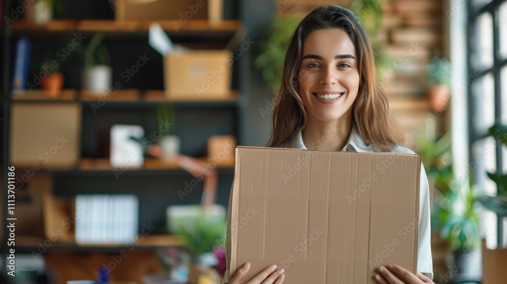 portrait of smiling spanish business woman holding cardboard in office portrait of smiling spanish business woman holding cardboard in office