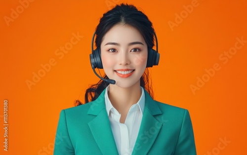A vibrant, photorealistic portrait of a asian woman call center worker wearing a headset. She is smiling at the camera, dressed in a turquoise suit and white shirt, with a bright orange background.