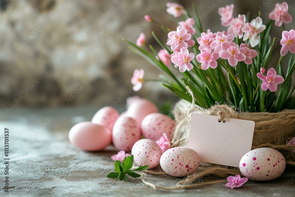 Close up of spring flowers with empty mockup label, easter eggs, on rustic table background Close up of spring flowers with empty mockup label, easter eggs, on rustic table background