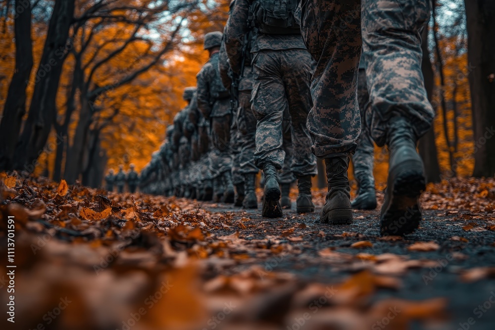 Soldiers march in autumnal woods; boots and camouflage dominate the frame. Illustrates unity, discipline, and the changing seasons. Soldiers march in autumnal woods; boots and camouflage dominate the frame. Illustrates unity, discipline, and the changing seasons.