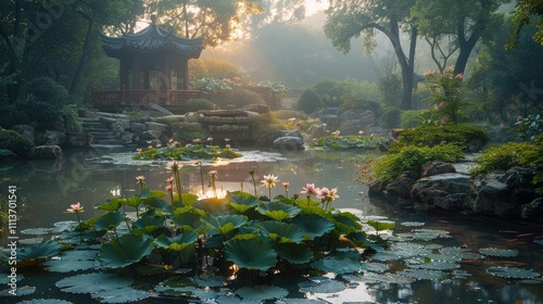 Serene sunrise over a traditional Chinese garden with a pond, lotus flowers, and pavilion.