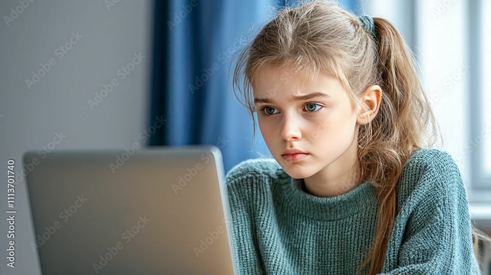 cyber bullying concept Focused girl using a laptop, showcasing concentration in a cozy indoor setting.