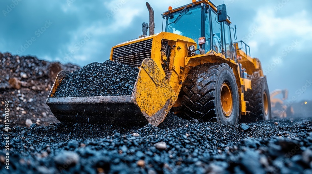 a yellow machine with a bucket of black gravel a yellow machine with a bucket of black gravel