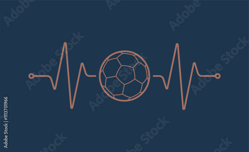 Vector design of pulse symbol of beating heart with soccer ball. Isolated on blue background