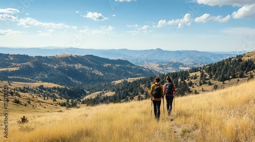 Two people hike along a trail through a grassy valley.