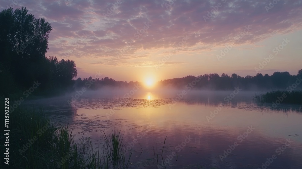 Serene sunrise over misty lake with tranquil reflection. Serene sunrise over misty lake with tranquil reflection.