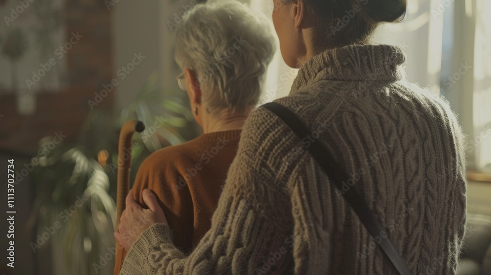 Young carer supporting senior disabled woman with walking stick.
