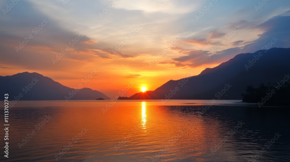 Serene sunset over a tranquil lake, with mountains in the background. Vivid colors and silhouettes of mountains and trees. Serene sunset over a tranquil lake, with mountains in the background. Vivid colors and silhouettes of mountains and trees.