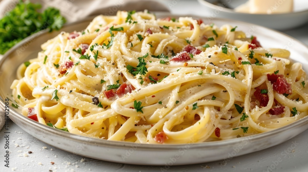 A plate of creamy pasta with bacon, garnished with parsley and cheese. A plate of creamy pasta with bacon, garnished with parsley and cheese.