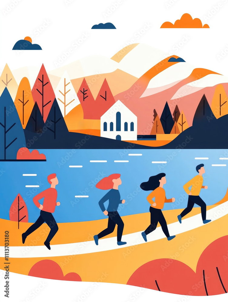 Fototapeta premium A scenic illustration of runners in a picturesque landscape with mountains, trees, and a river, depicted in a modern flat style, ideal for fitness branding and outdoor events..