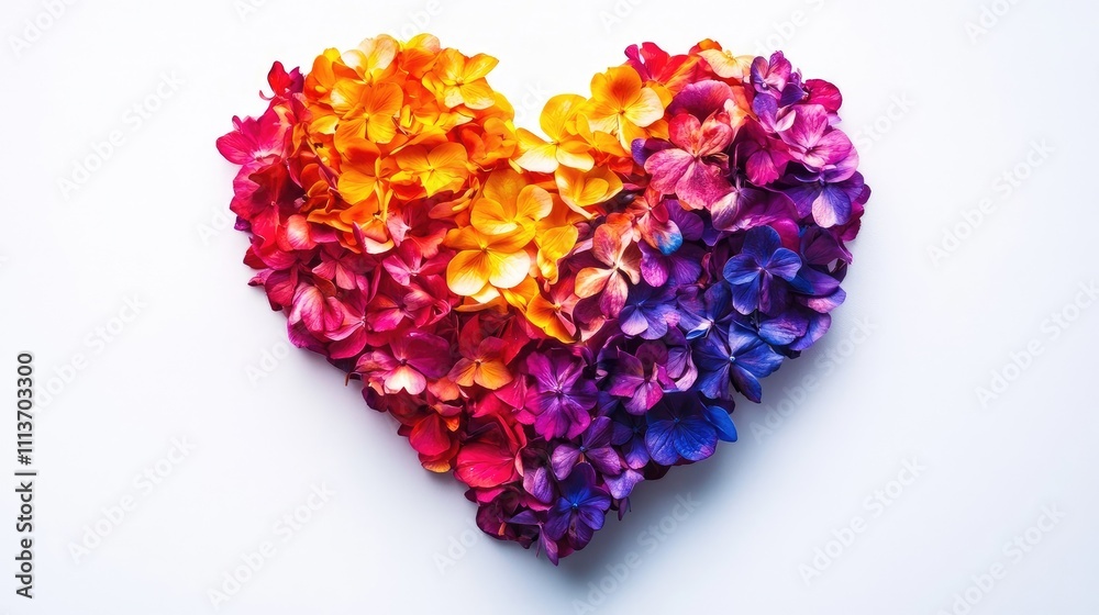 A vibrant heart symbol made of colorful flower petals, set against a pure white background. A vibrant heart symbol made of colorful flower petals, set against a pure white background.