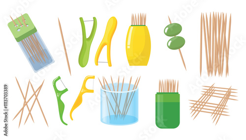  Set of toothpicks and flosses in cartoon style. Vector illustration of wooden toothpicks in packages, containers and without, dental floss - sticks, olives on a skewer, isolated on a white background