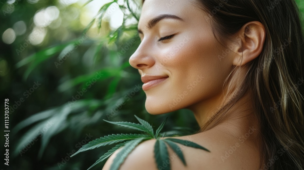 Serene woman with hemp leaf on shoulder, surrounded by lush green foliage. Serene woman with hemp leaf on shoulder, surrounded by lush green foliage.