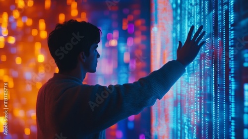 Man interacts with a futuristic digital interface, illuminated by vibrant, colorful lights.