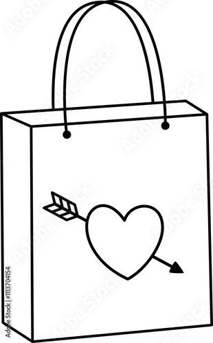 Valentine shopping paper bag outline.
Valentine's Day gift bag coloring drawing.
Transparent background.