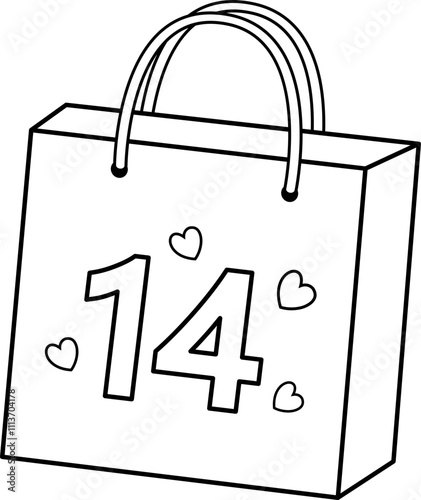 Valentine shopping paper bag outline.
Valentine's Day gift bag coloring drawing.
Transparent background.