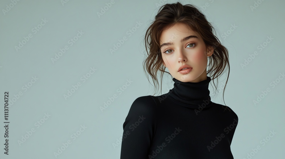 A young woman with long, brown, curly hair in a bun wears a black turtleneck and looks at the camera. A young woman with long, brown, curly hair in a bun wears a black turtleneck and looks at the camera.