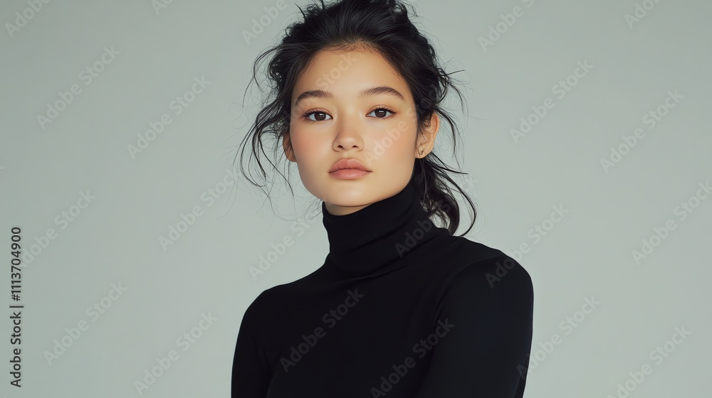 A young woman with long, brown hair in a bun wears a black turtleneck. A young woman with long, brown hair in a bun wears a black turtleneck.