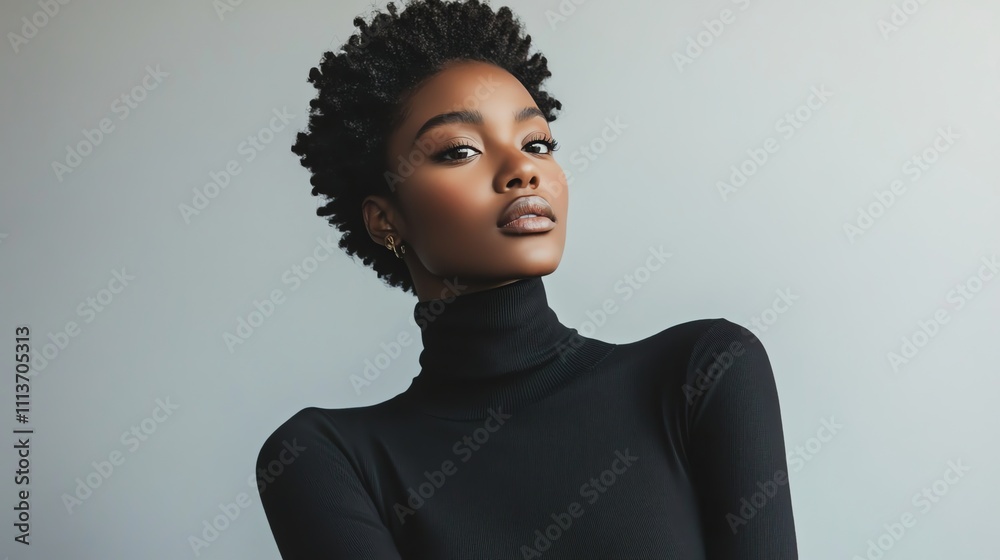 A Black woman in a black turtleneck looks directly at the camera.