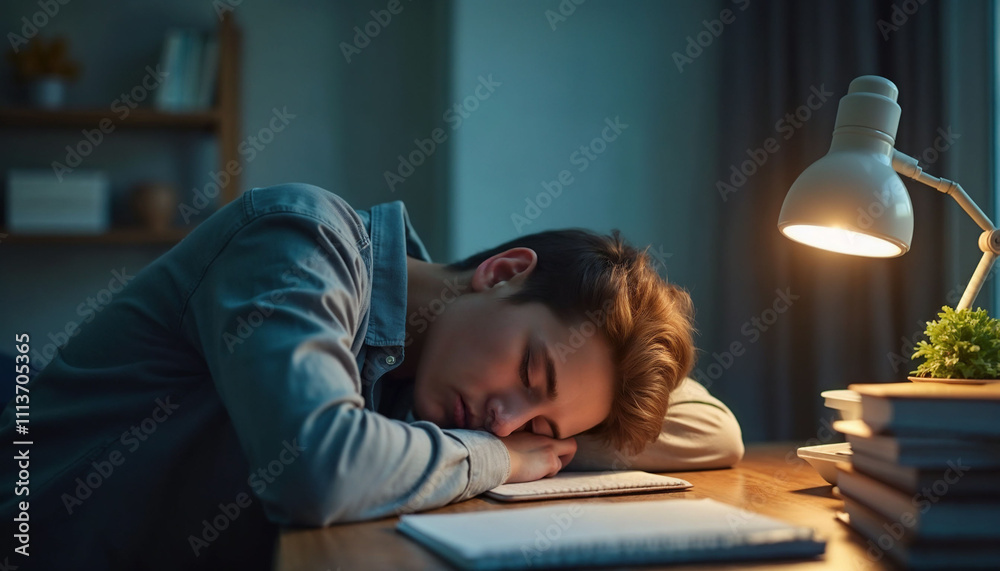 Office worker sleeping at desk with head down, representing low energy and fatigue Office worker sleeping at desk with head down, representing low energy and fatigue