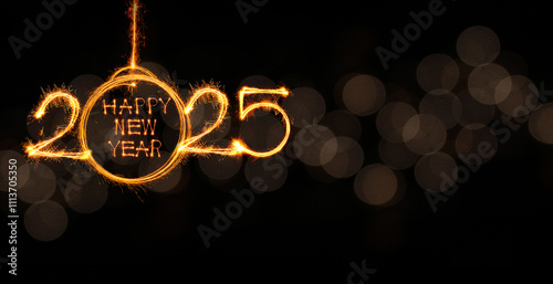 Hand draw golden Happy new year 2025 text with Sparkle in  fireworks light  on golden bokebh ackground