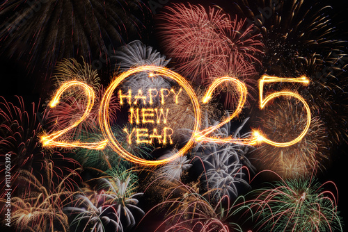 Happy new year 2025 text written with Sparkle fireworks isolated on black background