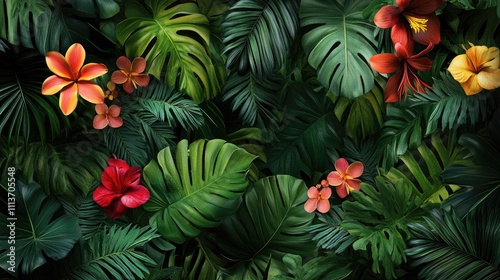 A vibrant arrangement of tropical flowers and lush green leaves, creating a vibrant natural tapestry.