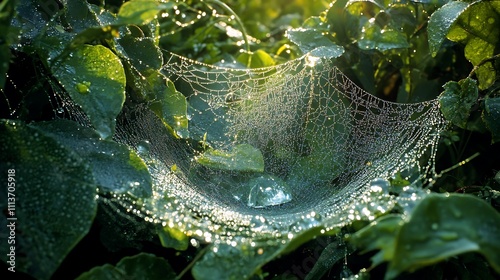 Dewdrops Glistening On A Spiders Web Among Green Leaves