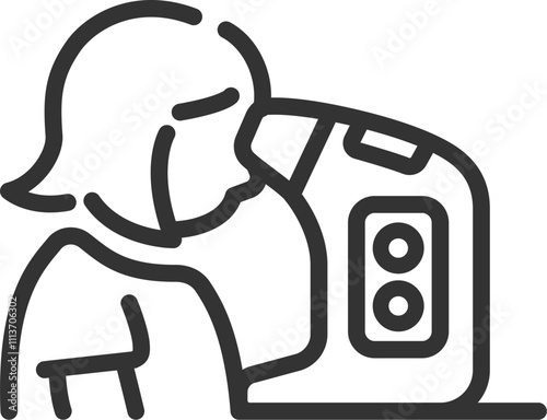 機械で視力検査をする、女性のアイコン（線画）のイラスト