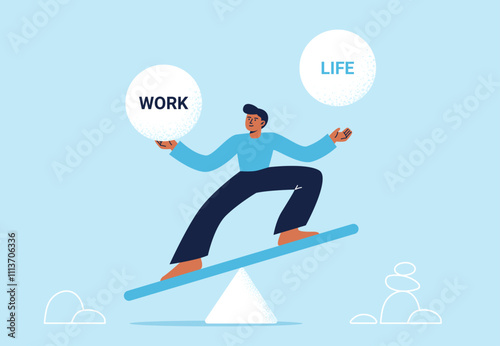 A young man balances between work and life balls. Work-life balance concept. Flat vector illustration on a colorful background.