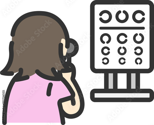 視力検査をする、女性のアイコン（線画カラー）のイラスト