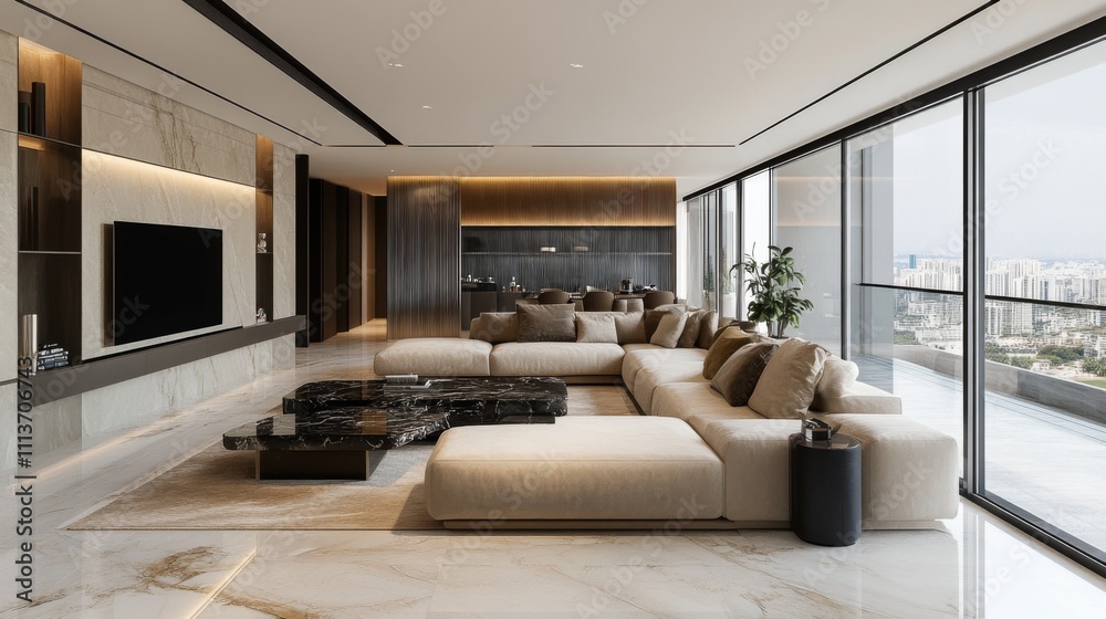 Modern Living Room with Sectional Sofa and City View Modern Living Room with Sectional Sofa and City View