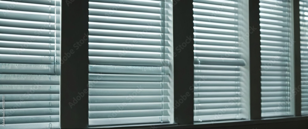 Eyelevel view of a frosted glass surface illuminated by soft daylight filtering through blurred minimalist window blinds