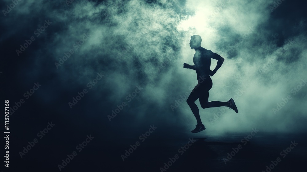 Fototapeta premium Silhouette of a runner in a smoky, dark environment.