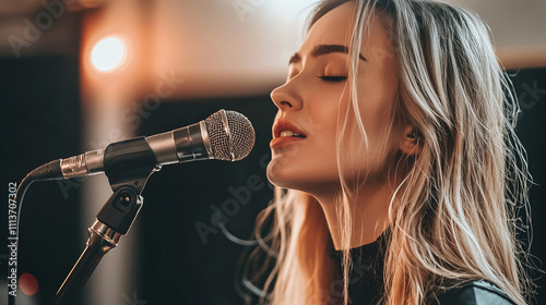 Blonde woman singing passionately into a microphone on stage