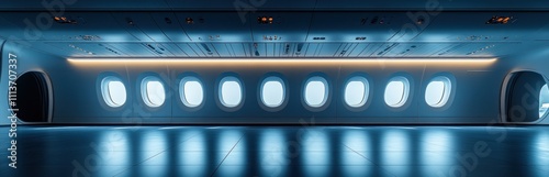 Minimalist Airplane Interior with Six Windows Soft Lighting Clean Atmosphere Hyper-realistic Detail photo