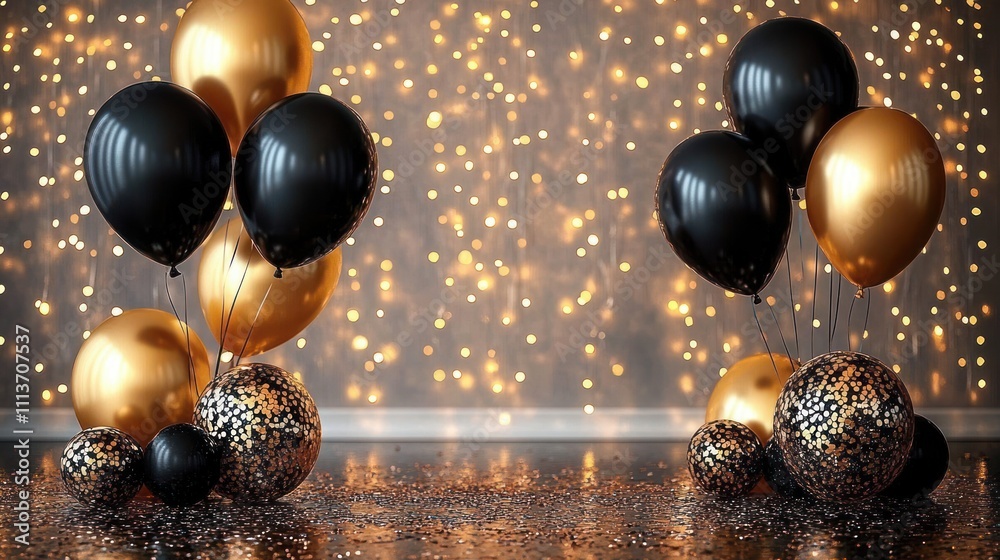 Naklejka premium Elegant Gold and Black Balloon Party Celebration Background for Birthday Anniversary Invitation